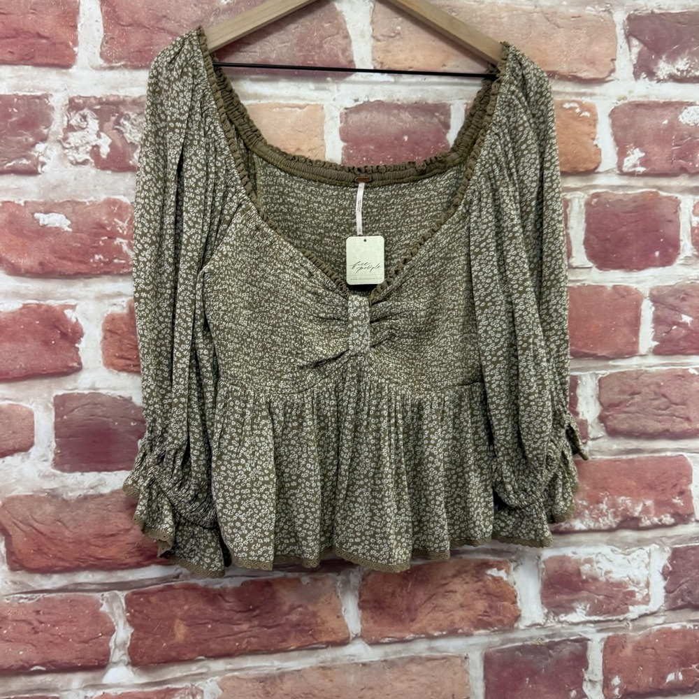 Free People Britnee Crop Top Women's Large Brown Boho Cottage Ditsy Floral Shirt - Picture 2 of 10